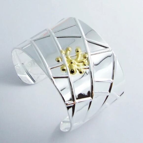 Sterling Silver Wide Bangle Gold Spider Two Tone Bangle Luxury Bracelet - Picture 9 of 12